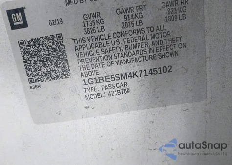 2019 Chevrolet Cruze Lt из США, поврежденный, VIN 1G1BE5SM4K7145102